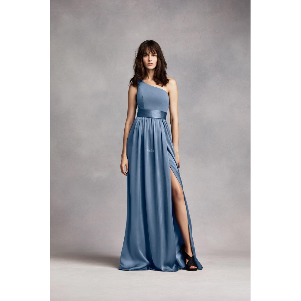 Vera Wang White One Shoulder Dress Blue Steel Satin Sash VW360215 Bridesmaid 4